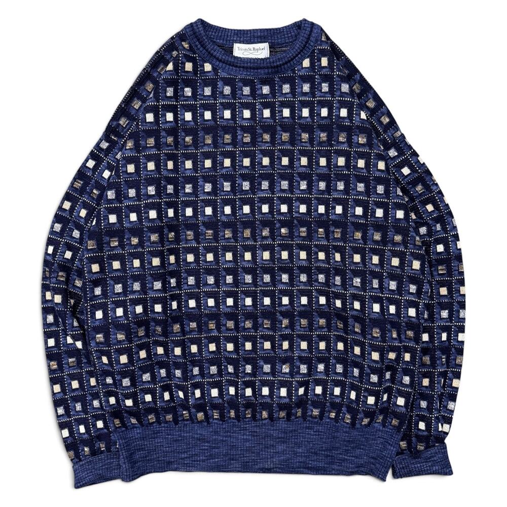 Vintage 90s Tricots St Raphael Geometric Sweater USA Made Blue Large L Grandpa